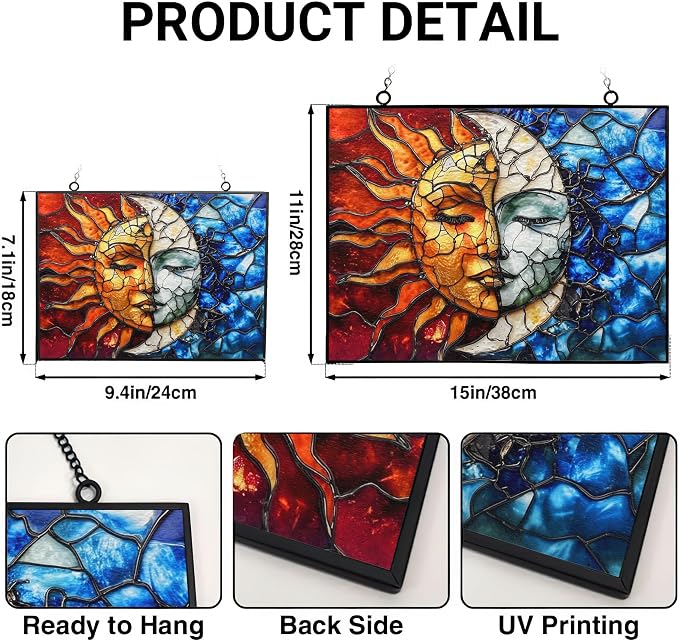 Rectangle Sun and Moon Stained Glass Suncatcher Window Hangings, Suncatchers Colorful Glass Panel Sun Catchers Gifts, Decoration for Home Garden Christmas Party Wedding