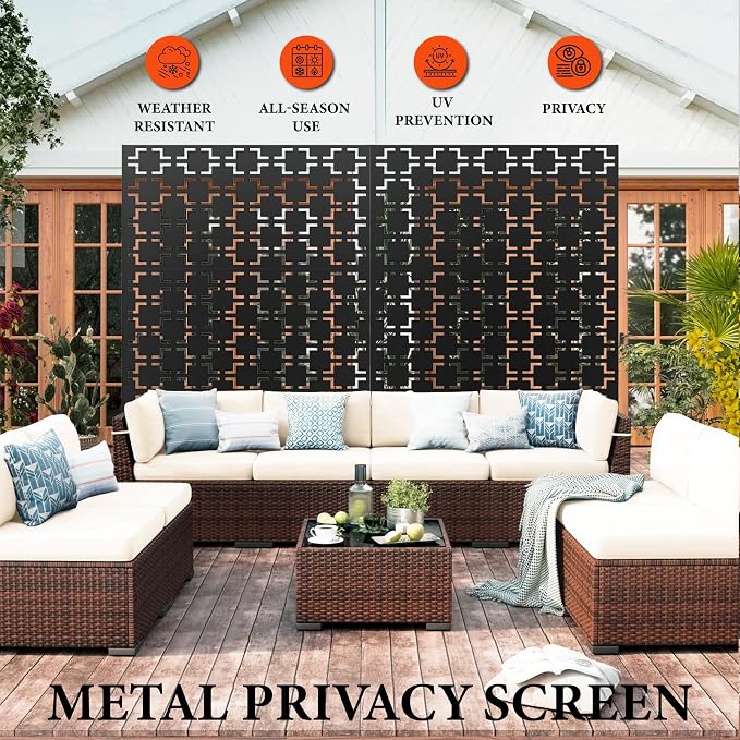 Metal Privacy Screen,72" h x 47" w 3-Panel Freestanding Decorative Fence with Stand for Outdoor Patio, Lawn, Garden, Deck, Balcony