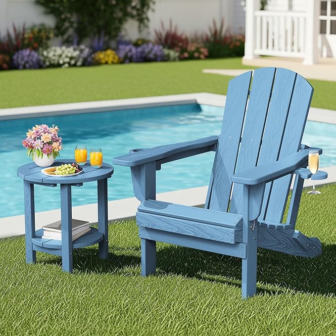 SERWALL Round Outdoor Side Table Set of 4, HDPE Small Adirondack Double End Table, Navy