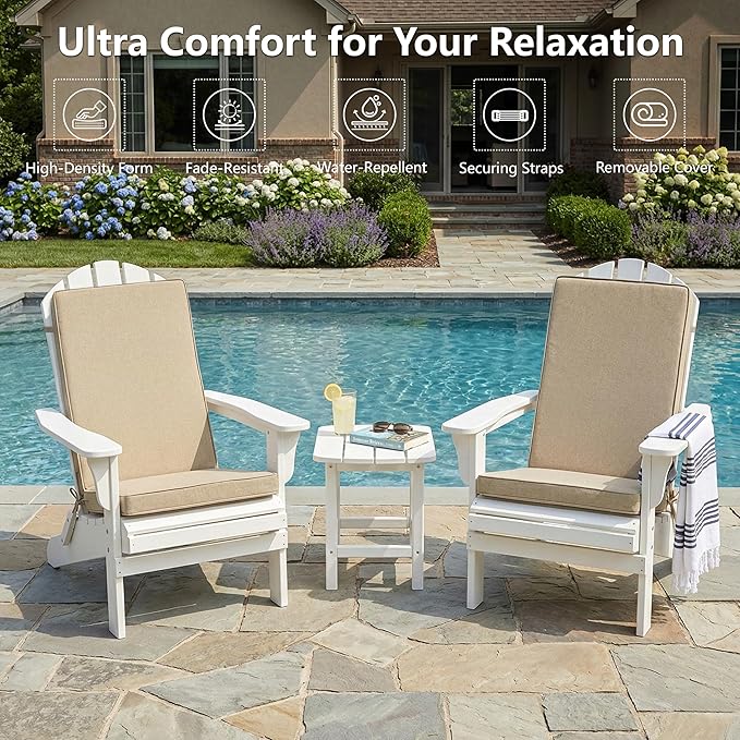 Adirondack Chair Cushions Set of 2 - Removable Covers, Water-Repellent & Fade-Resistant Faux Linen, Securing Straps, Non-Slip Bottom, Fit for Most Outdoor Adirondack & Rocking Chairs - Nature