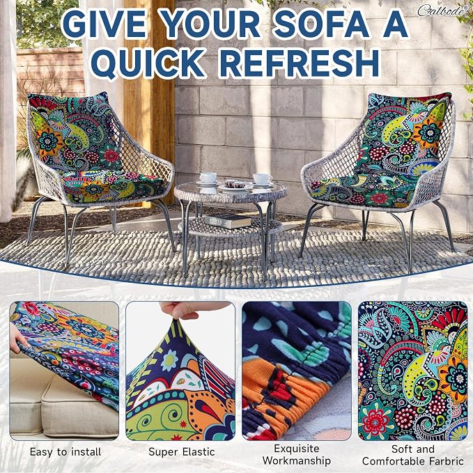 CALBODE 8Pcs Stretch Patio Cushion Cover, Boho Floral Couch & Sofa Slipcovers for Patio Furniture Cushions Washable Reusable Couch Covers Replacement for All Season, Breathable (Paisley, Cover Only)