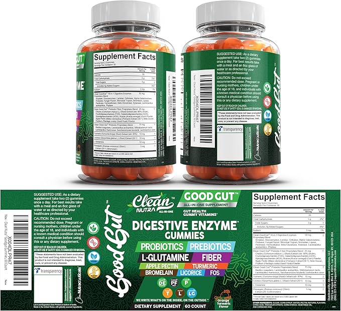 Digestive Enzymes with Probiotics and Prebiotics For Digestive Health Gummies + L-Glutamine For Gut Health Bromelain Turmeric Licorice Fiber Apple Pectin Inulin FOS Plant Pased Vegan Gummy Vitamins