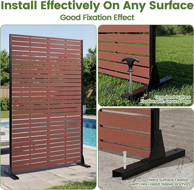 Outdoor Privacy Screen 72" H HDPE Decorative Freestanding Privacy Panel, Sandblasting Louvered Privacy Screens with Stand, Weather-Resistant Panel for Patio, Balcony, Backyard(6 Panels)