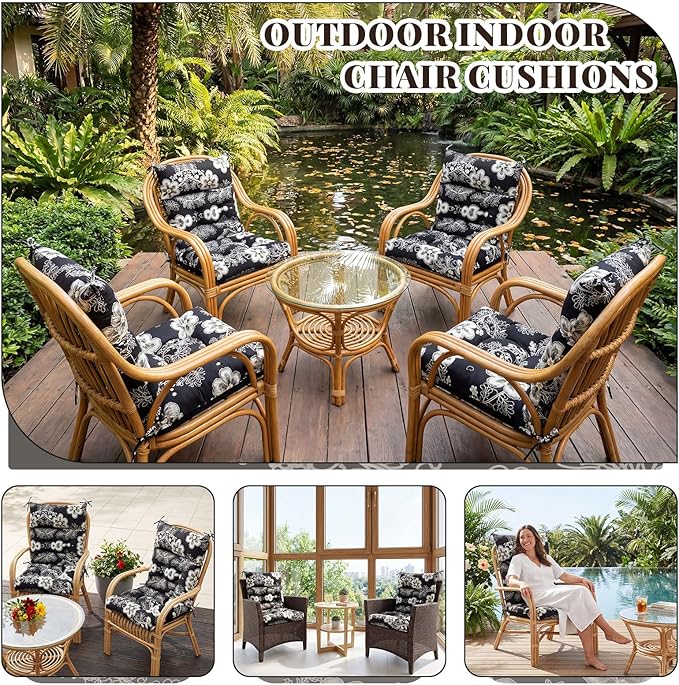 Sintuff 4 Pcs 44 x 21 x 4 Patio Chair Cushions Outdoor Chair Cushion Seat/Back Tufted Pillow with Ties Water Resistant Replacement Indoor Patio Furniture Outdoor Furniture (Flower,Black,White)