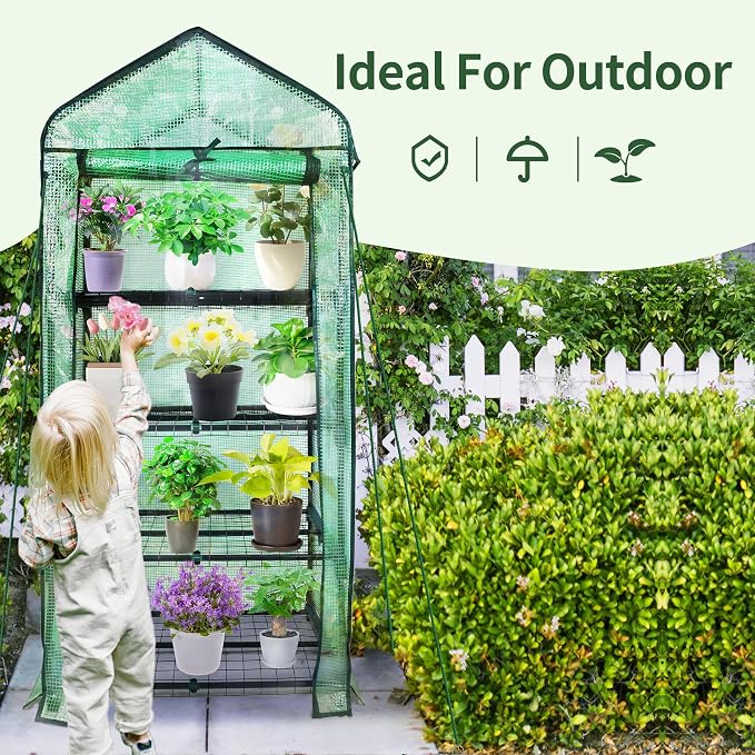 PROWORX 4 Tier Mini Greenhouse for Outdoor Indoor, Double-Layer Roof, Heavy Duty Small Greenhouses with PE Cover, Portable Green Houses for Outside Winter Plant Protection, 64'' H x 27'' L x 20'' W
