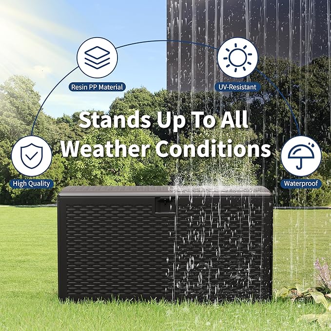 99 Gallon Waterproof Resin Outdoor Deck Box - Lockable Outdoor Storage Box As an Extra Seat - 500 Lbs Capacity Storage Container for Patio and Pool
