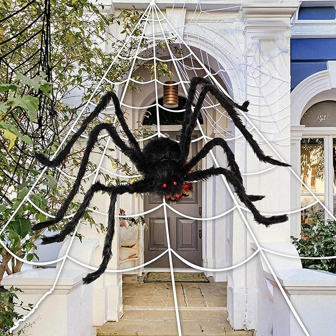 JOYIN Halloween Spider Web and 59'' Giant Spider, 16.4 x 15.7 Ft Large Triangular Web for Outdoor Decoration, Giant Spiderweb for Patio, Garden, Yard, Haunted House Decor, Indoor Home Party Supplies