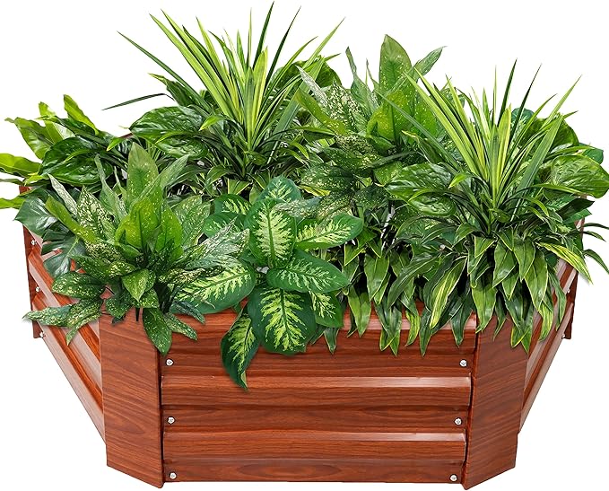 Sunnydaze Galvanized Raised Garden Bed Kit - 4x3x1 ft Outdoor Raised Garden Bed - Metal Planter Box for Vegetables, Flowers, Herbs - Woodgrain - Hexagon