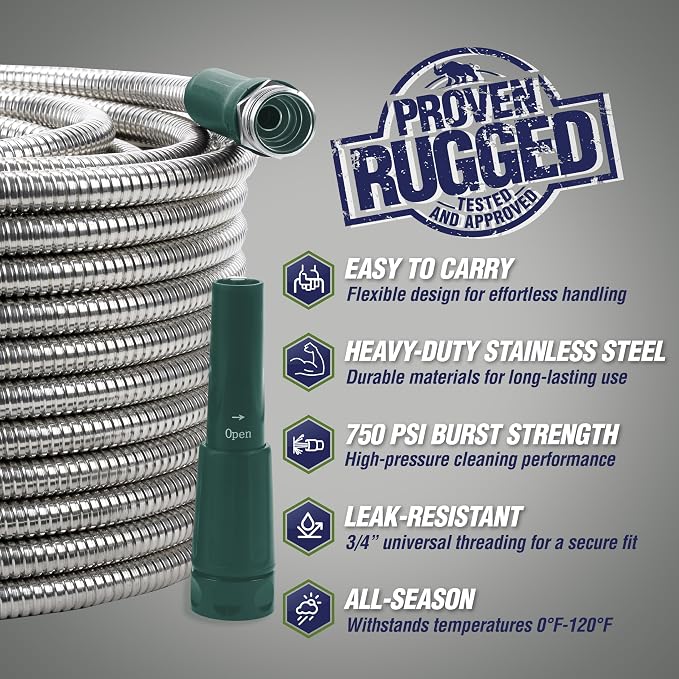 RUGGED RHINO Metal Garden Hose with Spray Nozzle, 50FT, 304 Stainless Steel, 750 PSI Burst Strength, Heavy Duty Flexible Water Hose, Kink Resistant, Leakproof for Yard, Lawn and Outdoor Use, Green