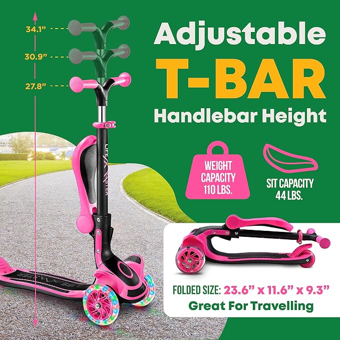 3 Wheel Scooter for Kids with Foldable Seat, Adjustable Handlebar Height, Lean-to-Steer Ride On Toy for Kids Ages 2+, Light-Up LED Wheels, Wide Anti Slip Deck, Indoor & Outdoor Use