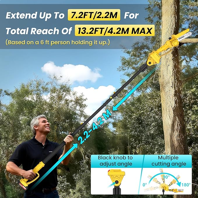 2-in-1 Electric Pole Saws for Tree Trimming, 6 Inch Mini Chainsaw Cordless with Extension Pole, Battery Powered Pole Chain Saw, Tree Trimmer Limb Branch Cutter Pruner with 2 Battery