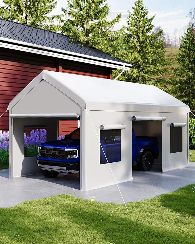 10 x 20FT Heavy Duty Carport, Portable Garage with Roll-Up Windows,Removable Sidewalls & Doors, Outdoor Tent Garage for Car,Truck,Boat
