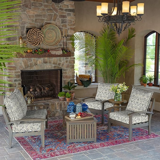Arden Outdoor Deep Seat Cushion Set (4-Pack), 24 in x 24 in, Weather-Proof, Rain-Proof, Fade Resistant Patio Cushion for Chair, Sofa, and Couch Neutral Aurora Damask