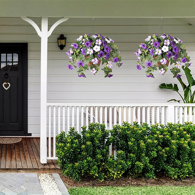 Ammyoo Artificial Fake Flowers Plants for Outdoor Decoration, 2PCS Faux Petunias Silk Flower UV Resistant No Fade for Home Outside Garden Balcony Yard Porch Realistic Indoor Decor (Purple White)
