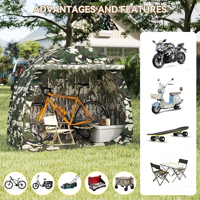 Bike Storage Shed, Bike Tent with Bicycle Racks Outdoor Bicycle Storage Sheds with 210D Oxford 1000ppm Waterproof for 2/3 Bikes, Covers Shelter for Motorcycle, Lawn Mower, Garden Tools