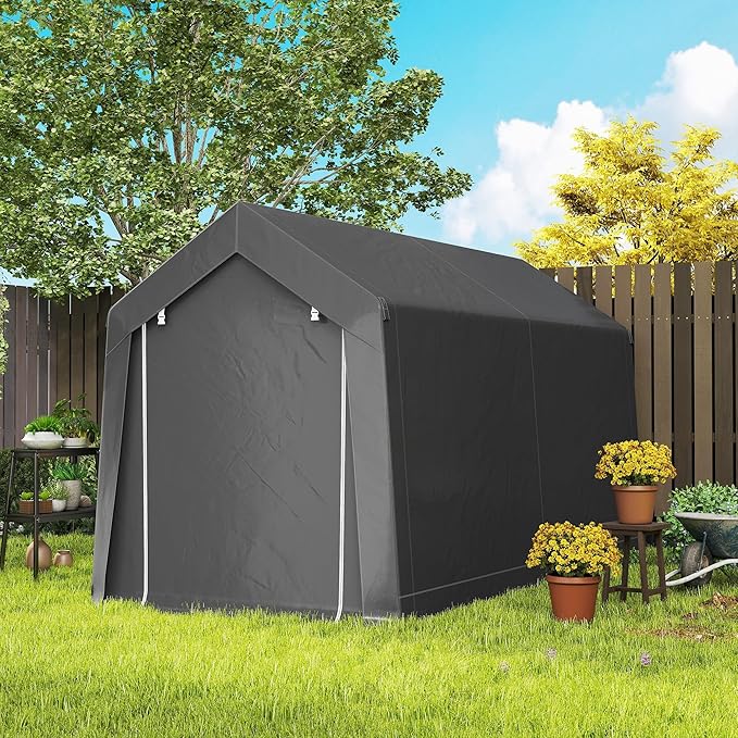 Outsunny 7' x 12' Portable Storage Shed Shelter, Heavy Duty Outdoor Shed, Waterproof Garden Storage Tent with Ventilation Window and Roll-up Zipper Door for Bike, Motorcycle, Garden Tools, Gray