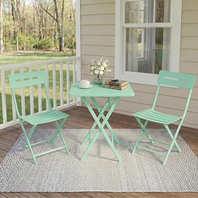 GarveeTech 3-Piece Folding Bistro Set, Heavy Duty Outdoor Patio Furniture with 2 Chairs & 1 Table, Weather-Resistant Steel Frame, No Assembly Required for Garden, Yard, Balcony,Green