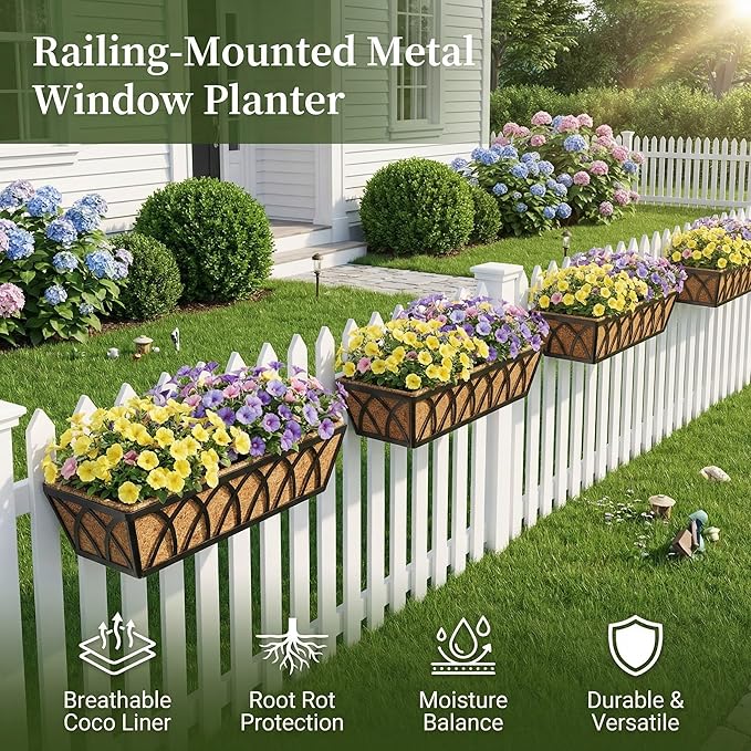 24in 4pcs Planter Box with Coco Liner, Rust-Resistant Metal Frame, Drainage Hole, Indoor/Outdoor Use, Black Finish
