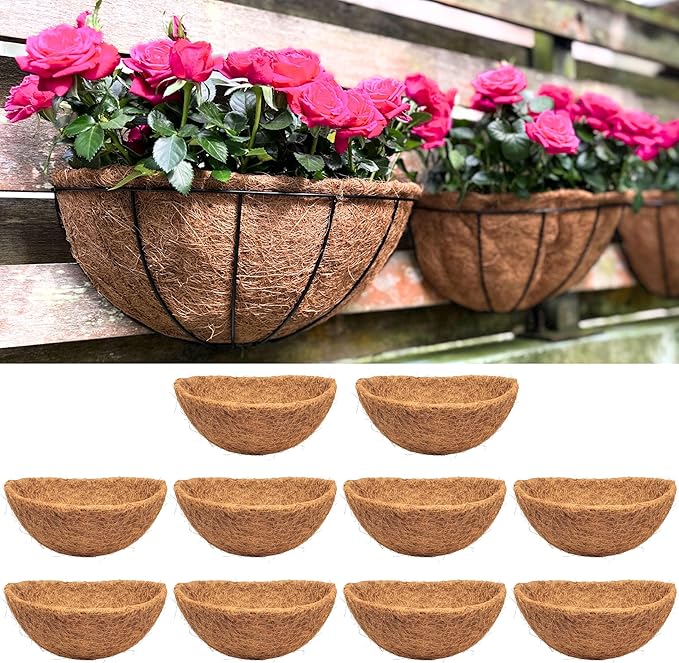 LaLaGreen 16" (10 Pack, Half Round) Coco Liners for Wall Planter–Bulk Medium Coconut Husk Replacement for Outdoor Window Box, Hanging Basket, Holder-Also Available in 10/12/16’’ & Different Shapes