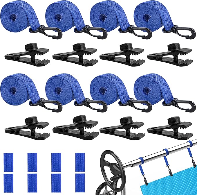 codree 24 Pcs Pool Solar Cover Reel Attachment Kit, Inground Swimming Pool Solar Cover Straps and Clips, Solar Blanket Strap Kit Including 8 Straps with Hooks, 8 Clips and 8 Touch Fastener (Blue)