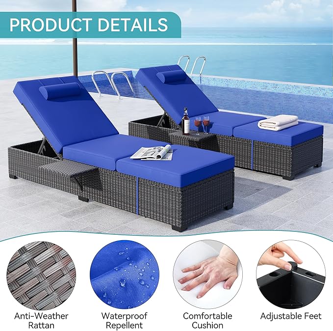 Garvee Outdoor Chaise Lounge Set of 2, 5-Position Adjustable Reclining PE Wicker Lounge Chairs with Cushions for Poolside, Garden, Patio, Backyard, Blue