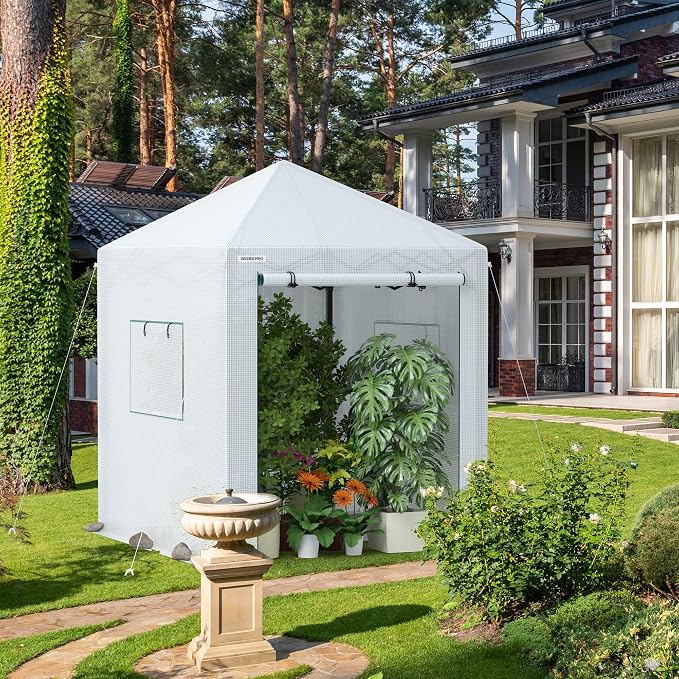 WORKPRO Greenhouse, 94" x70" x98" Pop-up Greenhouse for Outdoors , Heavy Duty Gardening House with Sturdy PE Cover, Roll-up Entry Doors and 2 Screen Windows, for Patio, Backyard, Balcony
