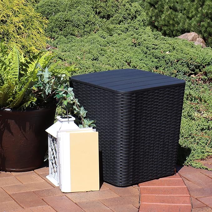 Sunnydaze 11.5-Gallon Outdoor Deck Box - Weather-Resistant Side Table with Storage for Cushions, Garden Tools, Pool Supplies - Phantom Gray - Faux Rattan