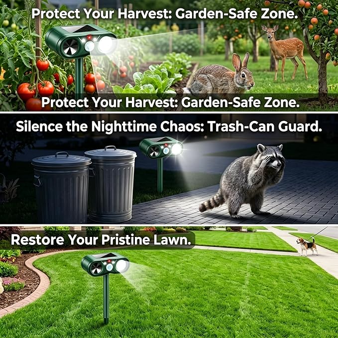 4Pack Upgraded Deer Repellent Devices Solar Ultrasonic Animal Repellent Outdoor with Motion Sensor Strobe Light for Squirrel Raccoon Rabbit Cat Deterrent Sonic Fortress Pro Keep Pests Out of Yard Farm