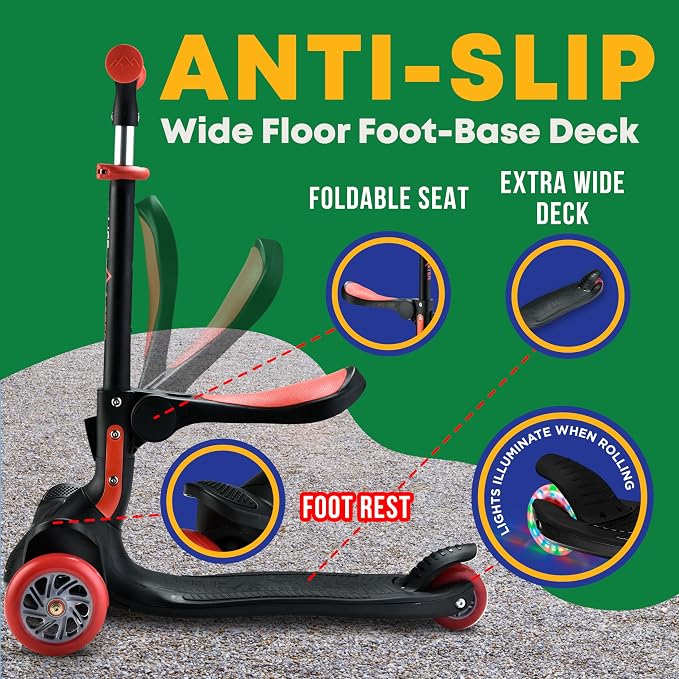 3 Wheel Scooter for Kids with Foldable Seat, Adjustable Handlebar Height, Lean-to-Steer Ride On Toy for Kids Ages 2+, Light-Up LED Wheels, Wide Anti Slip Deck, Indoor & Outdoor Use