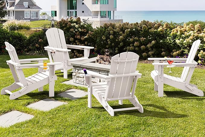 SERWALL Adirondack Chair with Cup Holders - Composite Adirondack Chairs Set of 6 HDPE Outdoor Chairs All Weather Use- White
