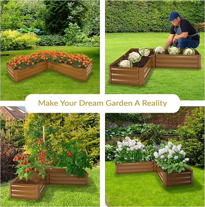 Sunnydaze Galvanized Raised Garden Bed Kit - 5x5x1 ft Outdoor Raised Garden Bed - Metal Planter Box for Vegetables, Flowers, Herbs - Brown - L-Shaped
