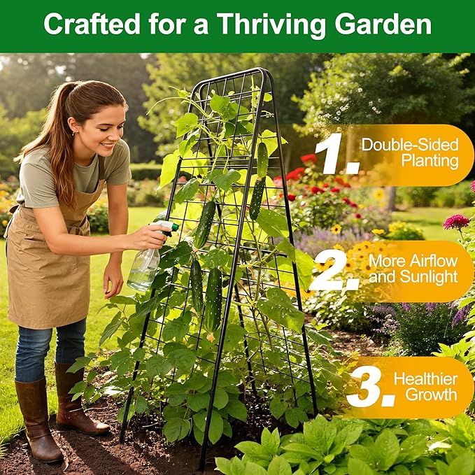WAENLIR 50x17inch Cucumber Trellis Tomato cage with Dense Steel Grid–A-Frame Heavy Duty Metal Trellis for Raised Beds, Cattle Panels for Garden Trellis for Climbing Plants Outdoor (Black, 50x17inch)