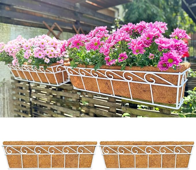 LaLaGreen Wall Mounted Planters - 24 Inch, 2 Pack White Window Flower Boxes Basket Outdoor, Balcony Planter Over the Rail, Deck Railing Hanging with Coco Liners, Metal Horse Troughs Fence Patio Porch