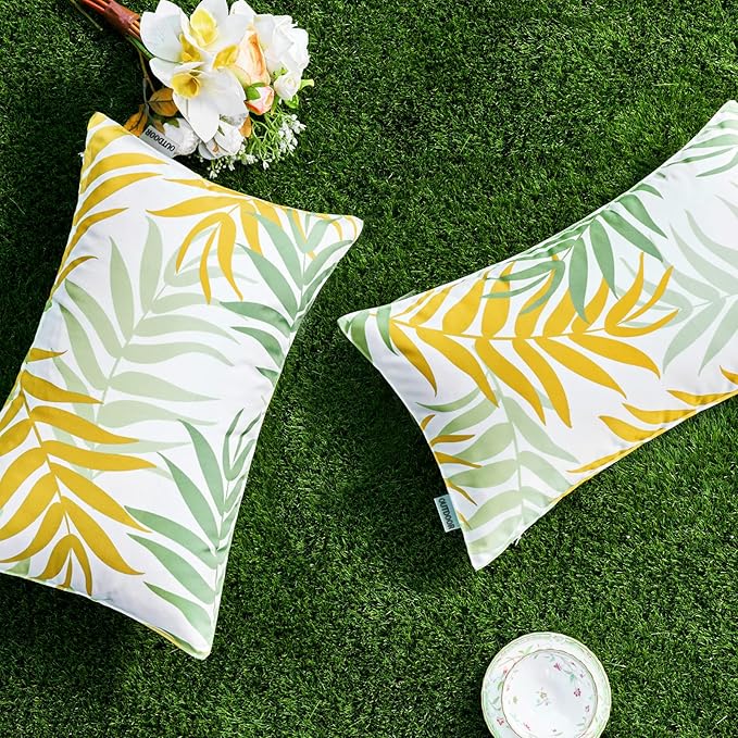 MIULEE Pack of 2 Decorative Outdoor Waterproof Throw Pillow Covers Patio Pillow Cases Natural Leaves Pattern Spring Square Cushion Shams Shell for Garden Balcony Couch 12x20 Inch, Green&Yellow
