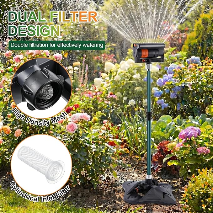 Oscillating Sprinkler with Adjustable Aluminum Riser, 4 Way Lawn Sprinklers for Yard and Garden, 16 Nozzles, Cover up to 4.069 sq. ft Ideal for Watering Different Heights(Triangular)