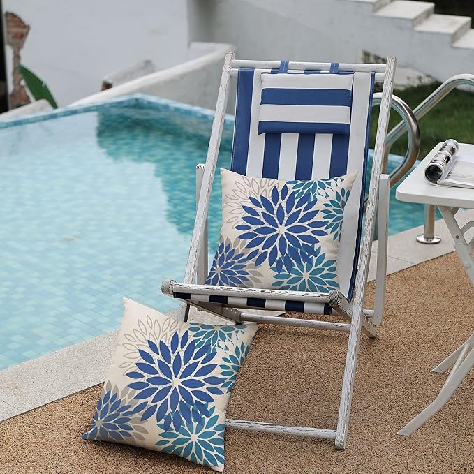 DFXSZ Blue Flower Pillow Covers 16x16 Inch Set of 2 Dark and Light Blue Colored Pillow Farmhouse Outdoor Waterproof Decor for Patio Funiture Garden Summer Floral Square Polyester Pillow Covers 002E16