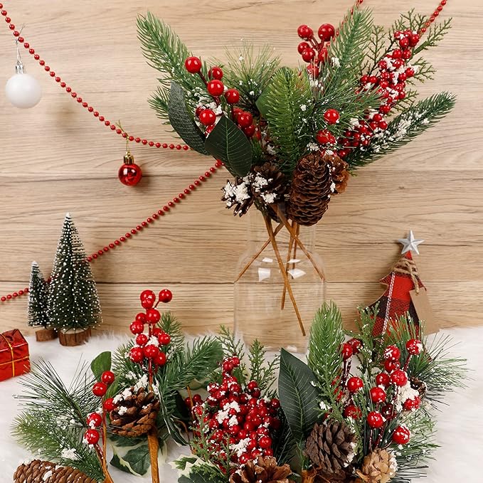 DR.DUDU 12 Packs Holiday Faux Christmas Evergreen for Wreaths, Swags, Topiaries, Elements Include Types of Evergreens, Holly Leaves, Winter Berries, Pine Cones, Laurel Leaf (6 Styles, 12-14 in)