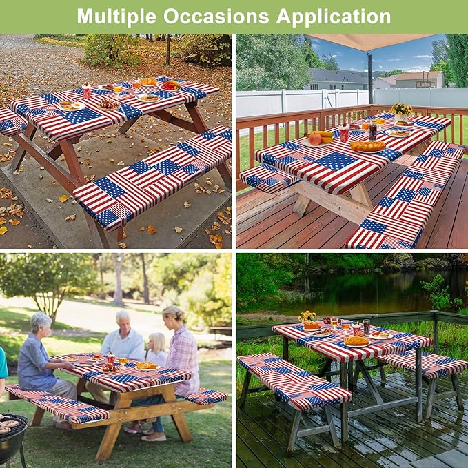 Play Tailor Picnic Table Cover with Bench Covers Camping Essentials Waterproof Windproof Camping Tablecloth with Drawstring Bag, Fitted Rectangle Tables and Seats, 72in, Red Blue White