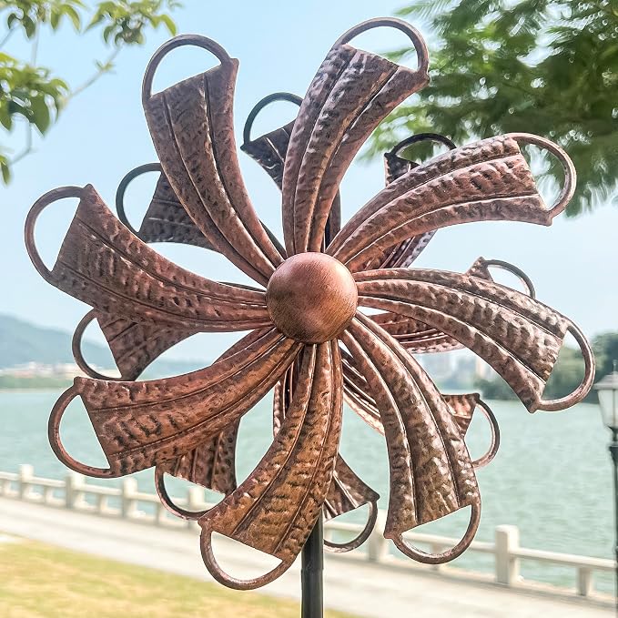 Wind Spinners Outdoor, Copper Flower Double-Sided 360° Wind Spinner with Stake, Metal Garden Yard Decor (12.3" Dia x 54" H)