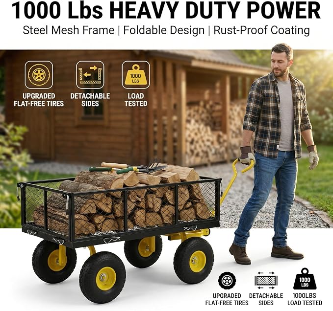 Finnhomy Heavy Duty 1000 Lbs Capacity Mesh Steel Garden Cart, Pullable Garden Wagons Carts on Wheels, Folding Utility Wagon with Removable Sides for Outdoor, Yard, Lawn, Yellow