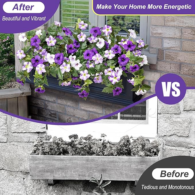 Ammyoo 4 Pcs Artificial Fake Petunia Flowers for Outdoor Decoration, Faux Silk Petunias Flower for Spring UV Resistant No Fade Realistic Plants for Garden Balcony Yard Porch Indoor Decor(Purple White)