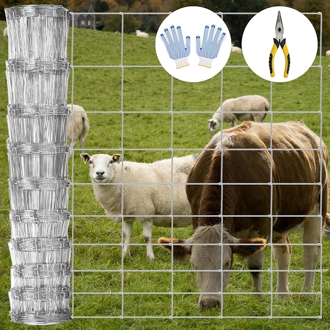Farm Fence 4FT x 100FT, Galvanized Cattle Fence | Heavy Zinc Coating Wire Fencing, 14GA Livestock Fence, Goat Fence, Hog Wire Fencing Perfect for Livestock, Animals Protection