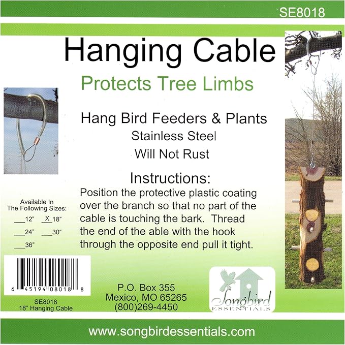Songbird Essentials Hanging Cable Tree Limb Protector with S Hook - Steel Cable with Silicone Sleeve - Protects Tree Limbs from Heavy Bird Feeders and Decorations - 18 Inch Cable