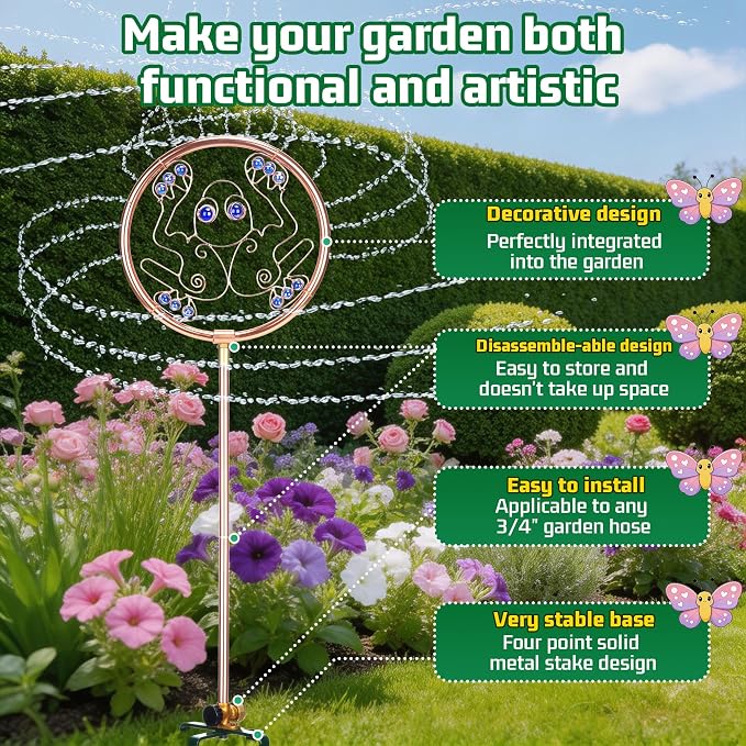 34" Tall Copper-Coated Stainless Steel Garden Sprinkler, 360° Rotating Decorative Ornamental Sprinkler for Lawn, Yard & Landscape Watering (Frog)