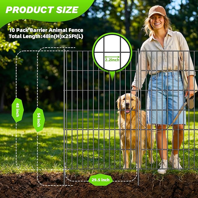 Toolterritary 10 Panels No Dig Decorative Garden Fence, 48in(H) x 25ft(L), Dog Fence Outdoor for Yard - Rustproof Metal Animal Barrier Fencing for Patio, Flower Bed, Ideal for Dogs, Rabbits
