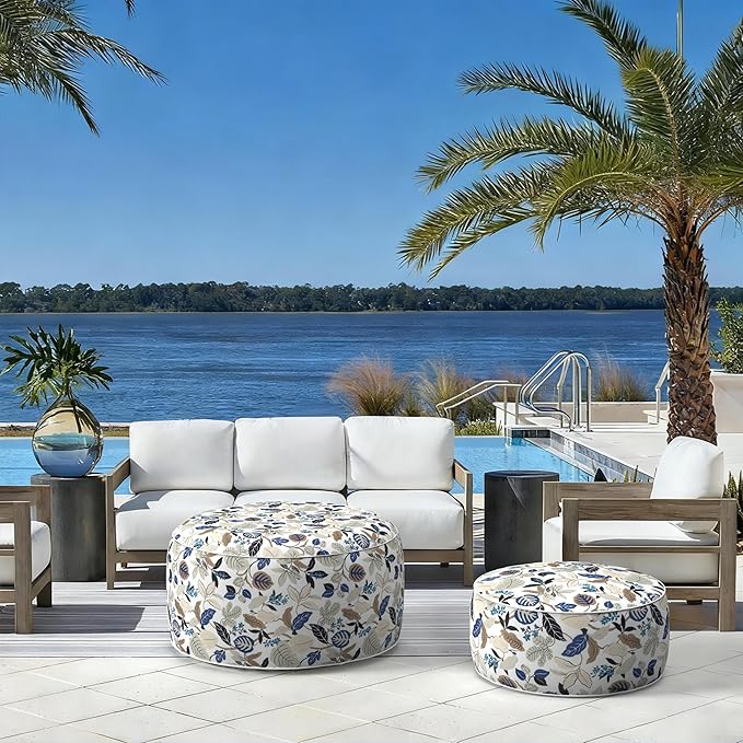 LVTXIII Indoor/Outdoor Large Inflatable Ottoman Pouf D31 x H14 Inch, Round Footstool with Handle, Weather-Resistant Portable Furniture for Patio, Camping, Beach, Breeze Leaves Beige