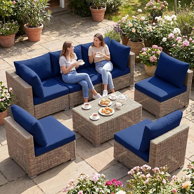 pickyNproud 14Pcs Patio Cushion Covers Stretch Outdoor Couch Cushions Slipcovers Replacement Washable Furniture Protector with Elastic Bottom Sofa Chair Seat Cover, Navy Blue