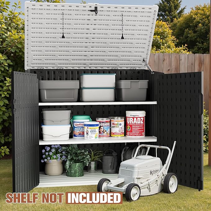 TUOZE 34 Cu Ft Resin Storage Shed, Waterproof Outdoor Storage Cabinet with Sloping Roof & Lockable Lid for Garden Tools, Trash Cans (Black)