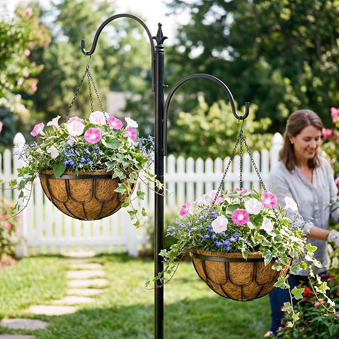 4 Pack 12 Inch Hanging Planters for Outdoor Plants, Large Metal Wire Hanging Flower Baskets with Coco Coir Liner, Black Hanging Plant Pots for Garden, Patio, Balcony & Indoor Home Decor