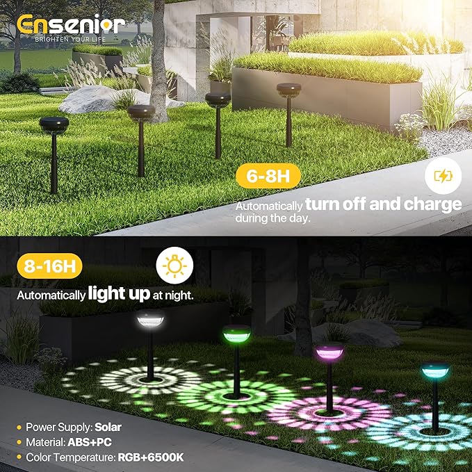 Ensenior Solar Pathway Lights IP65 Waterproof, RGB Color Changing & 6500K Cool White, 8-16Hr Runtime, Flower Pattern Garden Lights for Walkway Porch Yard - 6 Pack